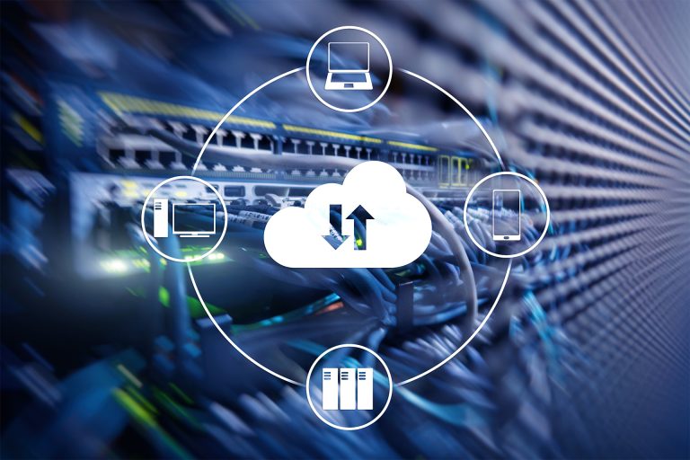 Icons of different devices surrounding a cloud icon on top of a picture of a network device.