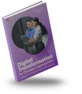 3D mockup of Cloud Context's free eBook titled 'Digital Transformation for Complex Organisations – Lessons from Parramatta City Council'.